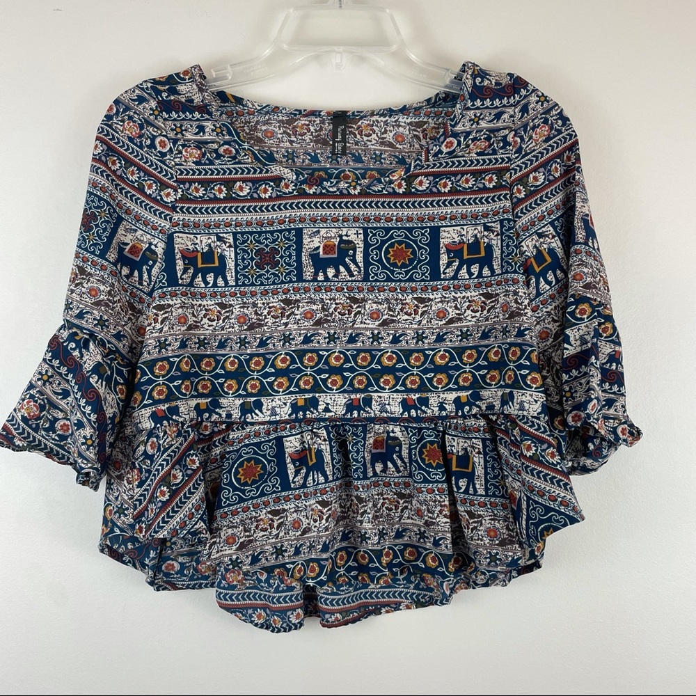 Elephant Boho Bell Sleeve Crop Top size XS